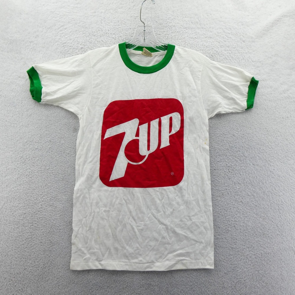 Screen Stars T-Shirt Women Small Vintage 80s 7Up Soda Ringer White Green Cotton